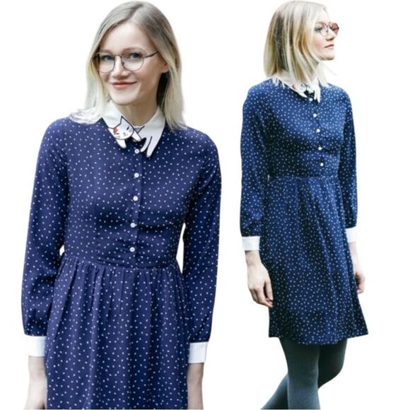Miss Patina Dresses & Skirts - Miss Patina Bowie Cat Dress Navy Polka Dots